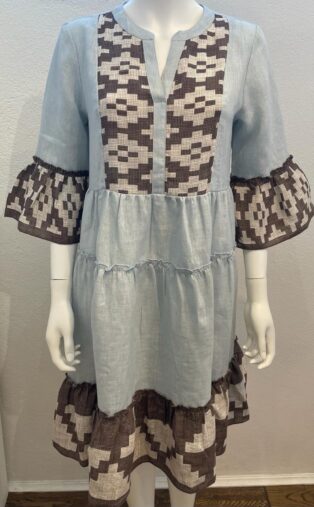 Escape by Orientique – Border Print Pure Linen Dress – Blue