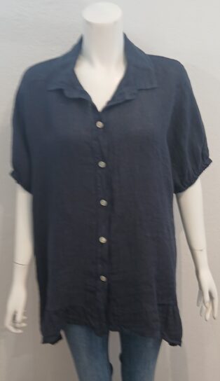 Diverse – Lilibet – 100% Linen Elasticated Sleeve Top – Navy