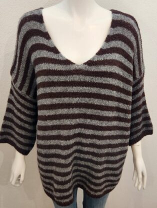 Sarah Tempest – Striped ‘V’ Neck – Chocolate and Grey