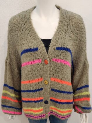 Sarah Tempest –  Mixed Colours Stripey Cardigan – Olive