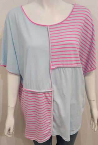 Diverse – Aimee Striped Panel T.Shirt – Sky Blue and Pink