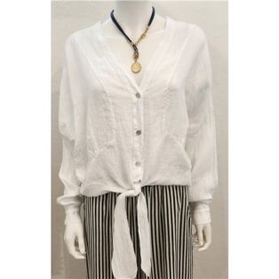 Diverse – Agnes 100% Linen Tie Front Shirt – White