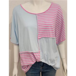 Diverse – Aimee Striped Panel T.Shirt – Sky Blue and Pink