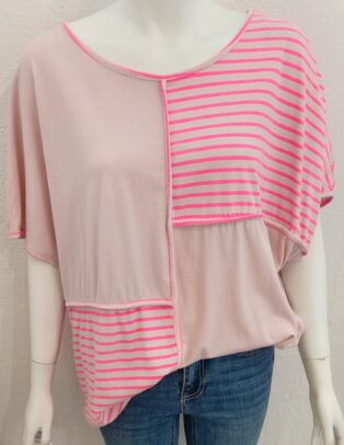 Diverse – Aimee Striped Panel T.Shirt – Pink